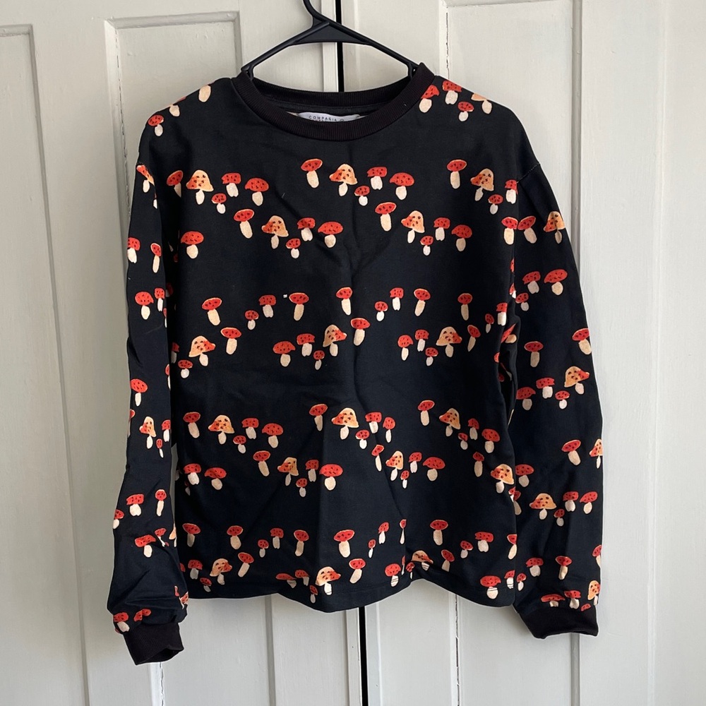 Black Mushroom-Print Crewneck Sweater